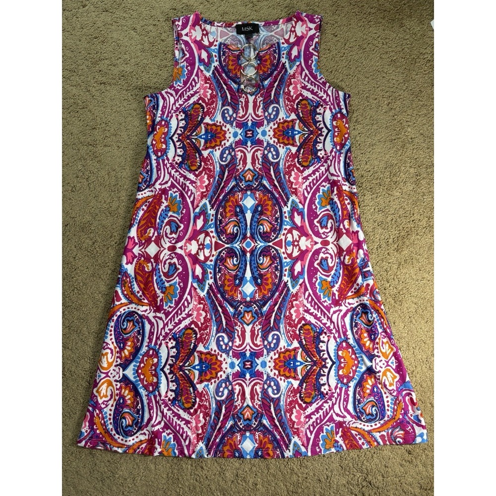 MSK Sleeveless Shift‎ Midi Dress Women Small Paisley Rings Resortwear Vacation